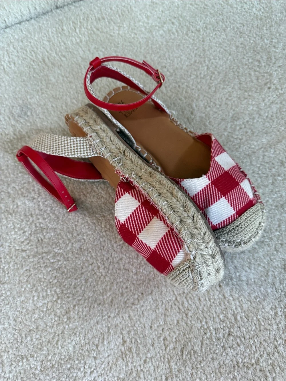 Time and Tru Red and White Gingham Espadrille Sandals with Ankle Strap